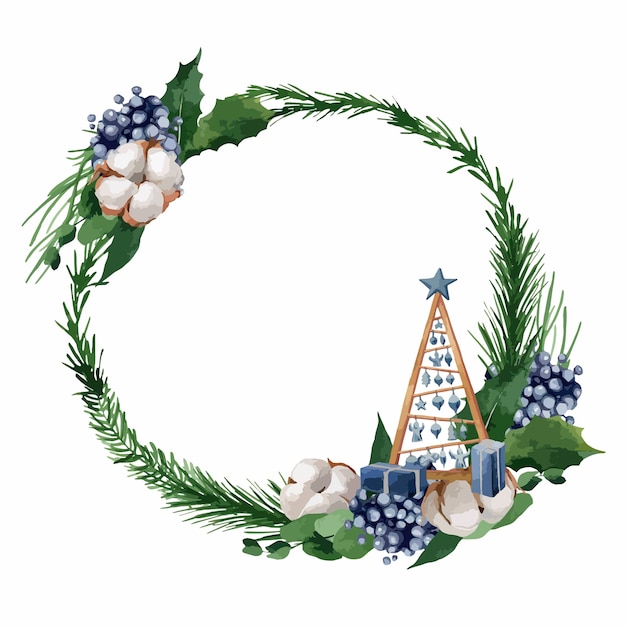 Illustration, Weihnachtskranz mit Tannenzweigen, Beeren und Baumwolle