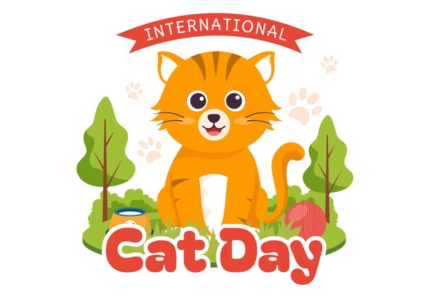 Illustration zum Internationalen Katzentag am 8. August mit Katzen-Tiere-Liebes-Feier im flachen Cartoon