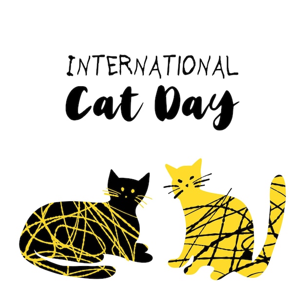 Illustration zum Internationalen Katzentag mit strukturierten süßen Katzen in gelb-schwarzer Farbe