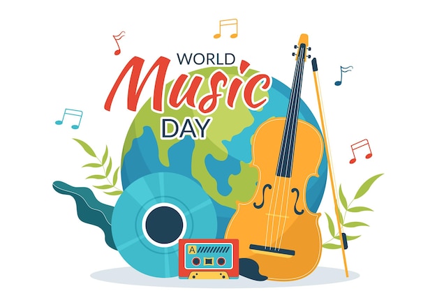 Illustration zum Weltmusiktag mit verschiedenen Musikinstrumenten und Noten in handgezeichneten Vorlagen