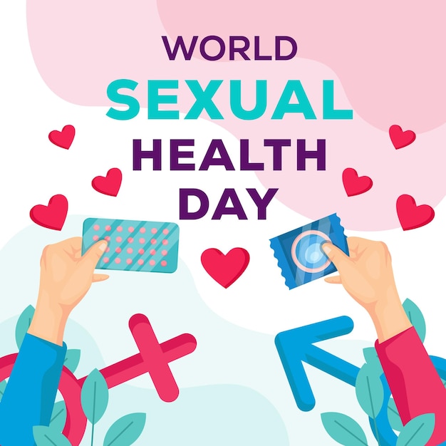 Illustration zum Welttag der sexuellen Gesundheit mit zwei Händen, die Kondom und Verhütungspille halten