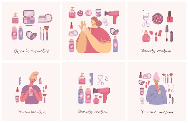 Illustrationen mit Kosmetika und Körperpflegeprodukten