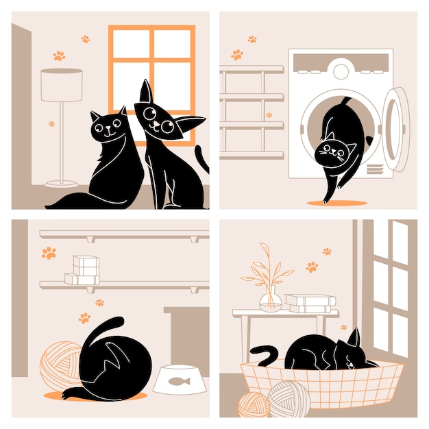 Illustrationen von Katzensilhouetten in handgezeichnetem Design