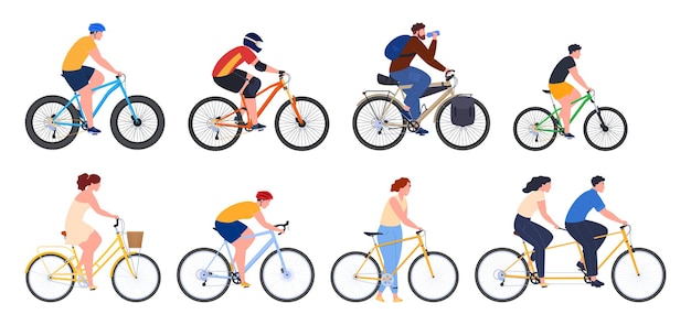 Illustrationen von menschen auf fahrrädern verschiedener typen für freizeit- und verschiedene sport-zweiräder