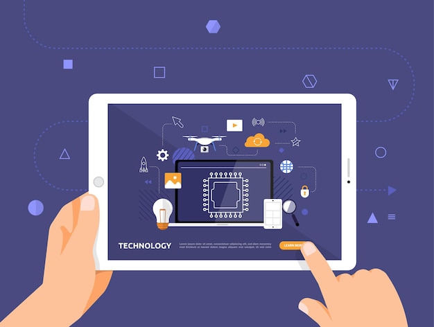 Illustrationsdesign Concpt E-Learning mit Handklick auf Tablet Online-Kurstechnologie