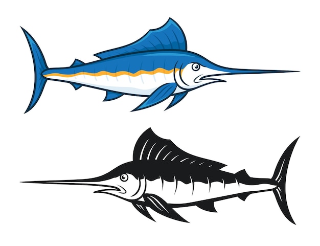 Illustrationsdesign des blauen speerfisches gefärbt und schwarzweiß