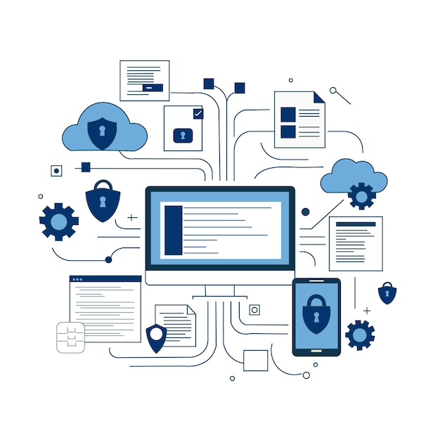 Illustrationsdesign für Elemente der Cybersicherheit und des Datenschutz