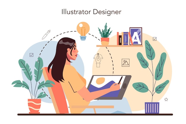 Illustrationsdesigner künstler zeichnen bild für buch und zeitschriften digitale illustration für websites und werbung kreativer beruf isolierte vektorillustration