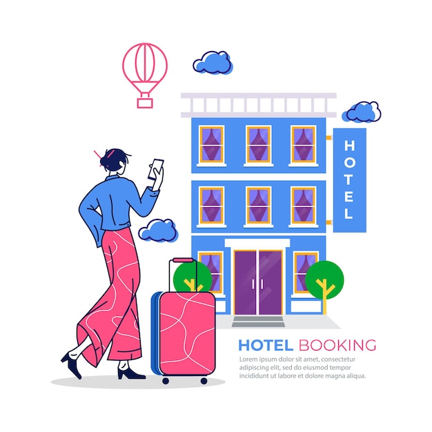 Vektor illustrationsfrau, die hotel mit app bucht