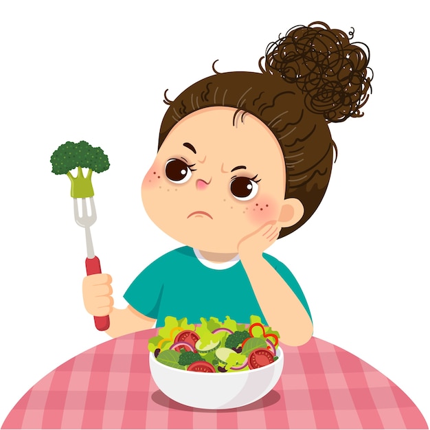 Illustrationskarikatur eines unglücklichen Mädchens will nicht frischen Gemüsesalat essen.