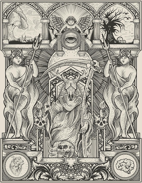 Vektor illustrationskönig satan auf gotischem stichverzierungsstil