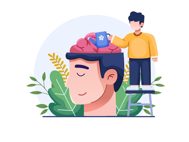 Illustrationskonzept der psychischen Gesundheitsbehandlung mit einem Mann, der das Gehirn eines Volkes wässert
