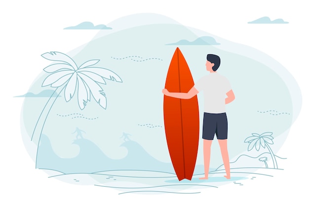 Illustrationsmann an einem Strand, der Surfbrett hält