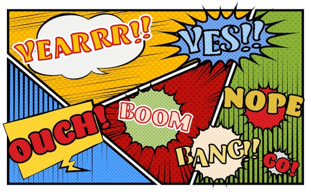 Vektor illustrationsmaterial pop-ballons im amerikanischen comic-stil und hintergrund aus gespaltenen punkten