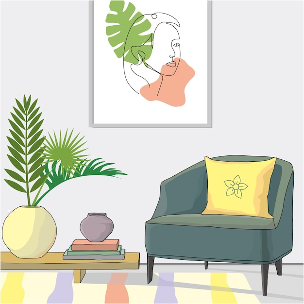 Illustrationsmöbel-Innenarchitekturkonzept mit Pflanzen, Blumen und Wandmalereien