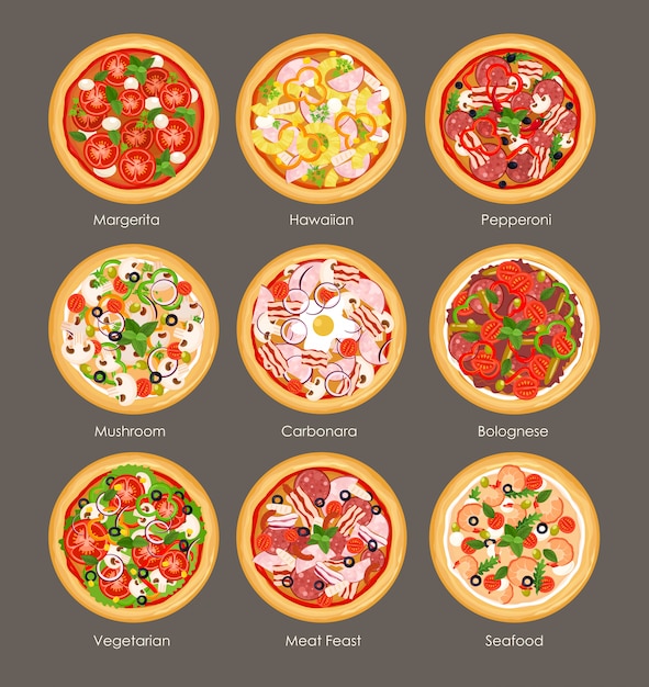 Vektor illustrationssatz der verschiedenen pizza draufsicht mit bestandteilen. italienische leckere und leuchtende farben pizza, vegetarier, pilz, hawaii und fleischfest im flachen karikaturstil auf grauem hintergrund.