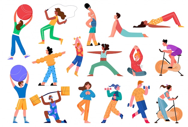 Vektor illustrationssatz für sportaktivitäten. aktive sportler-sammlung der karikatur flach mit mann-frau-charakter, der yoga asana tut, fitnessübungen mit hanteln im fitnessstudio, gesunder lebensstil isoliert