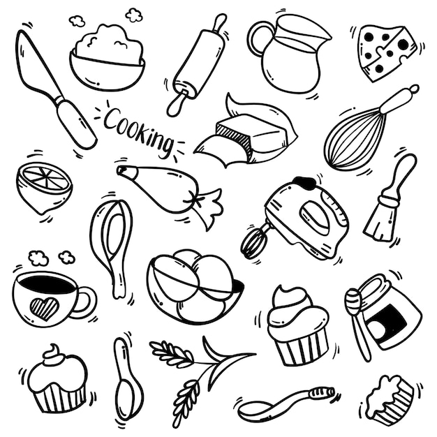 Illustrationssatz küchenelemente mit gekritzel-art