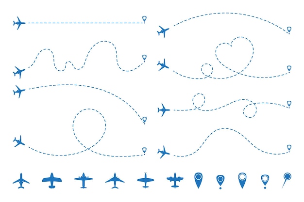 Vektor illustrationssatz mit gestreckten flugzeugflugbahnen