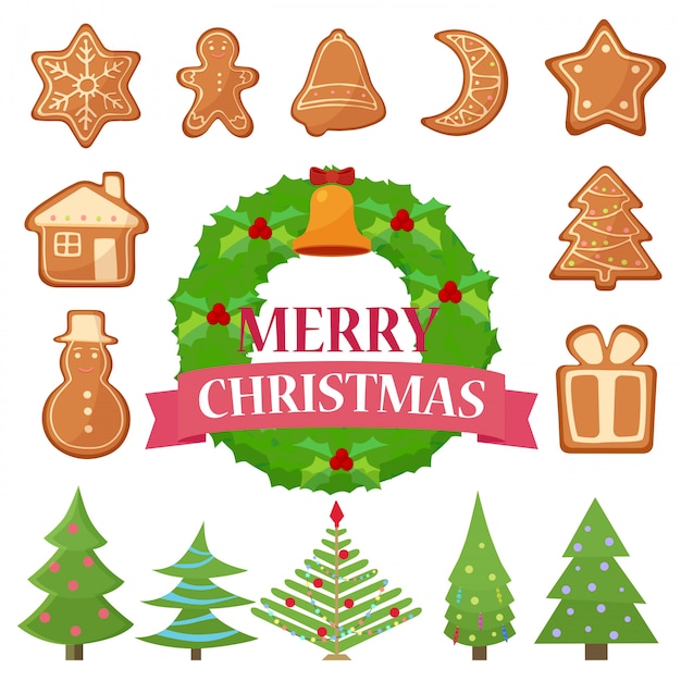 Illustrationssatz verschiedene weihnachtsplätzchen, -kuchen und -bäume mit kranz.
