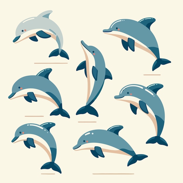 Illustrationssatz von Delfinen in einem einfachen flachen Cartoon-Stil