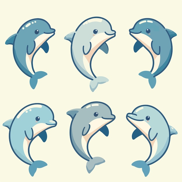 Illustrationssatz von Delfinen in einem einfachen flachen Cartoon-Stil