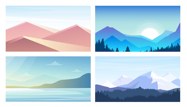 Illustrationssatz von Fahnen mit Landschaften, Blick auf die Berge, Wüste, Meer in flachem Stil und Pastellfarben.