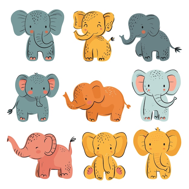 Vektor illustrationssatz von niedlichen elefanten im cartoon-stil auf weißem hintergrund