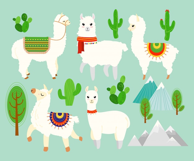 Vektor illustrationssatz von niedlichen lustigen alpakas und lamas mit kaktuselementen, berge auf blauem hintergrund. schöne lamas im cartoon-flat-stil.
