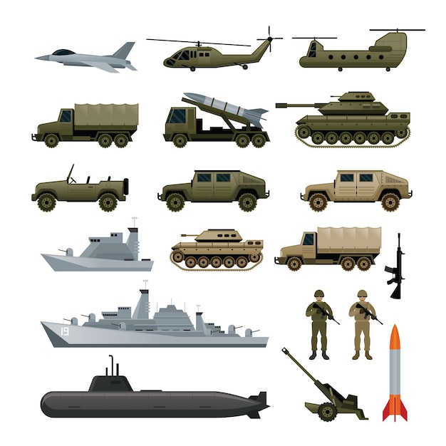 Illustrationsset der militärarmeefahrzeuge, seitenansicht