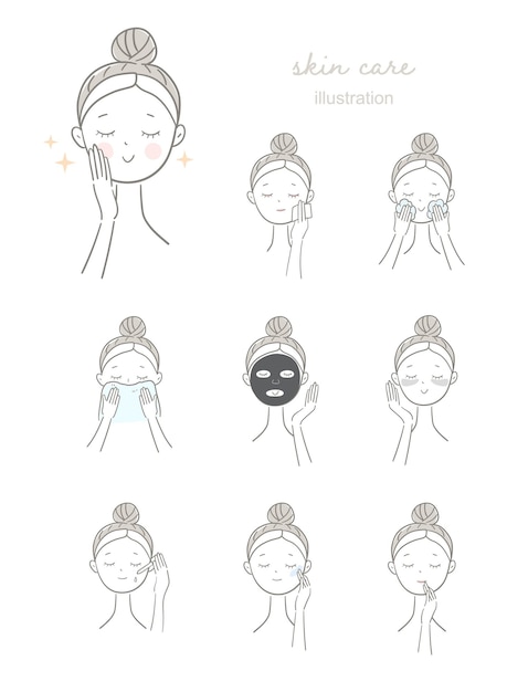 Illustrationsset einer Frau, die sich um ihr Gesicht kümmert