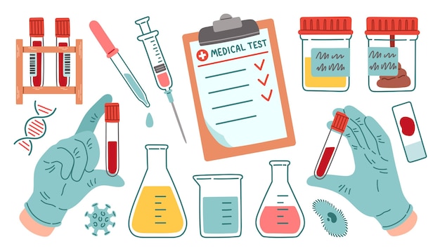 Illustrationsset für medizinische tests. chemische untersuchung von urin-, stuhl- und blutproben von patienten. vektor