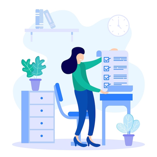 Illustrationsvektorgraphikzeichentrickfilm-figur der Checkliste