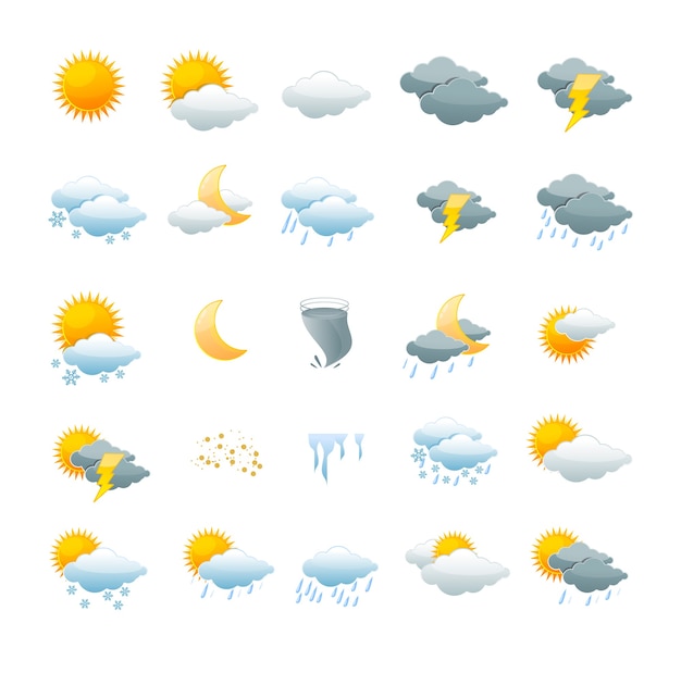 Illustrationswettersymbolsatz lokalisiert auf einem weißen Hintergrund. das Konzept des Wetterwechsels