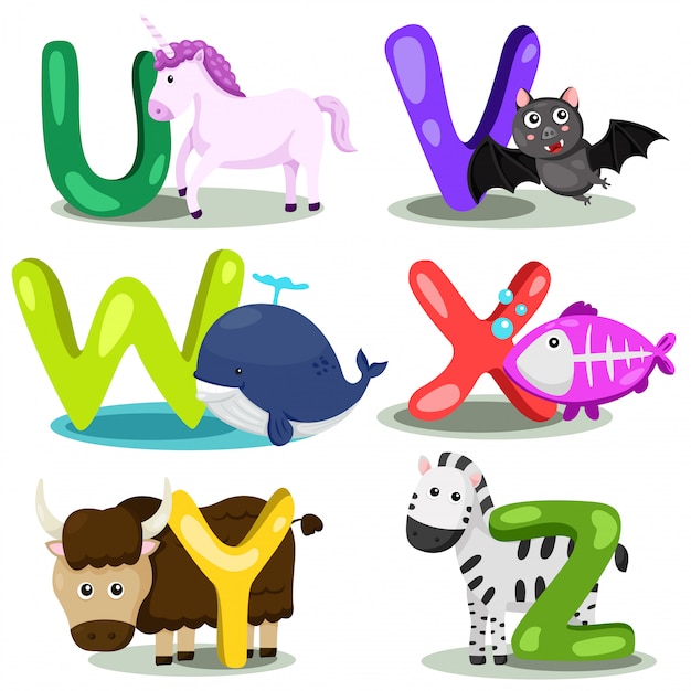 Vektor illustrator alphabet tier letter - u, v, w, x, y, z