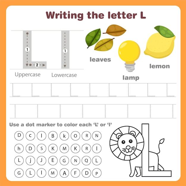 Vektor illustrator des schreibens des arbeitsblatts buchstabe l