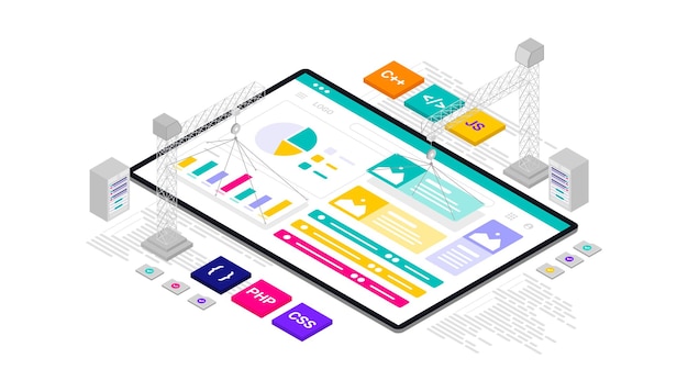 Im aufbau programmierung website dashboard entwicklung isometrische illustration