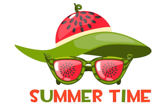 Vektor im sommer eine sonnenbrille und ein wassermelonen-strandhut. sommerzeitschriftzug oder -logo.