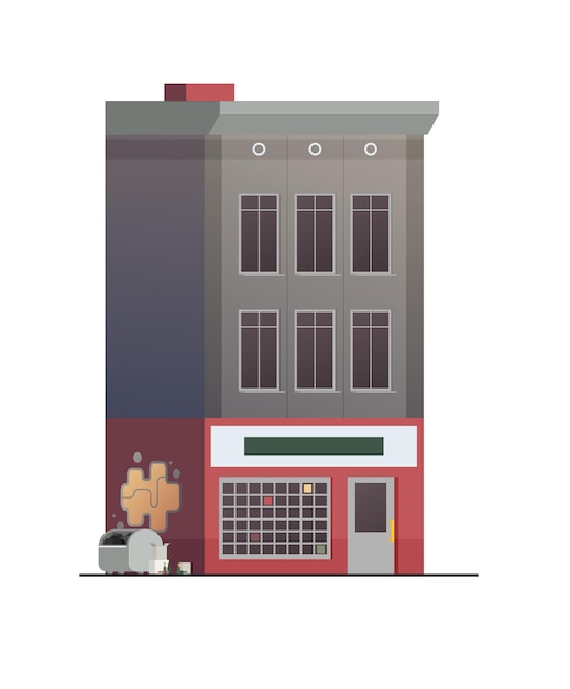 Im Stadtzentrum gelegenes Vektorgebäude mit der Shop- oder Speicherillustration lokalisiert auf weißem Hintergrund