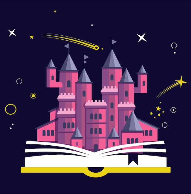 Imaginationskonzept mit aufgeschlagenem buch pink castle fairy magisches abenteuer boo