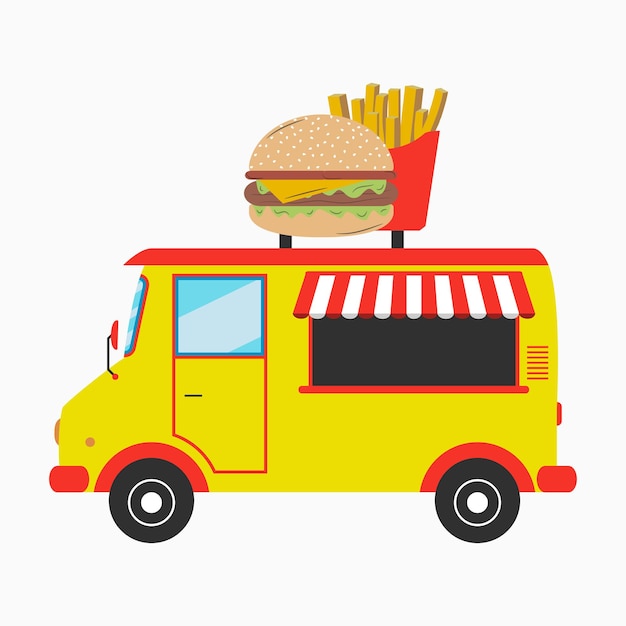 Imbisswagen fastfood-van mit schild in form von burger und pommes frites