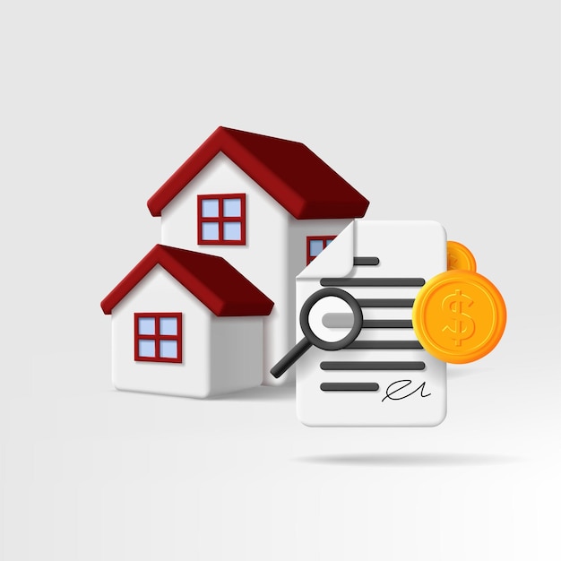 Immobilien 3D-Symbol des Hauses mit unterzeichnetem Vertrag und Münzengeld