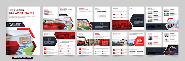 Immobilienagentur-portfolio und profil-layout-vektor mit roten und dunklen farben modernes homeselling-business-magazin-template-design mit platzhaltern für fotos werbebroschüren-vektor für den hausverkauf