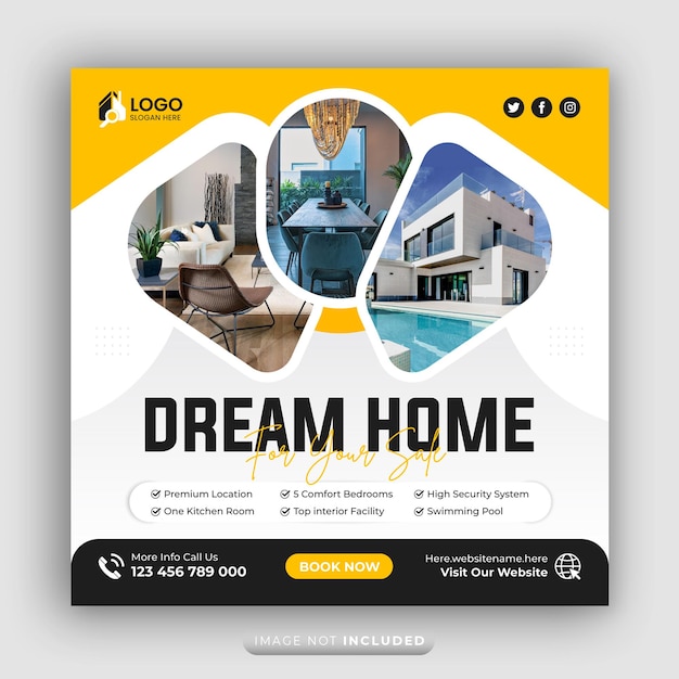 Immobilienagentur Werbung in sozialen Medien Banner quadratischer Flyer Vorlage Traumhaus zum Verkauf Poster