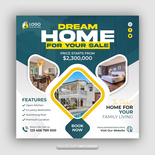 Immobilienagentur Werbung in sozialen Medien Banner quadratischer Flyer Vorlage Traumhaus zum Verkauf Poster