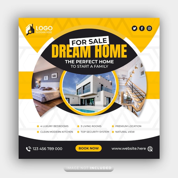 Immobilienagentur Werbung in sozialen Medien Banner quadratischer Flyer Vorlage Traumhaus zum Verkauf Poster
