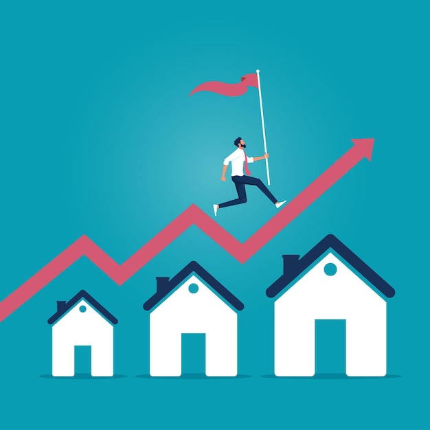 Immobilienpreis steigt, Immobilieninvestition oder Immobilienwachstumskonzept, Geschäftsmann hält Flagge auf steigendem Hausgraph