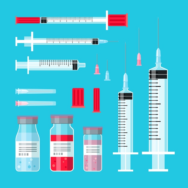 Impfspritzen. spritze schoss medizinische objekte, schüsse und injektionsnadeln, impfstoffflaschen medizin illustration behandlung vektor-illustration