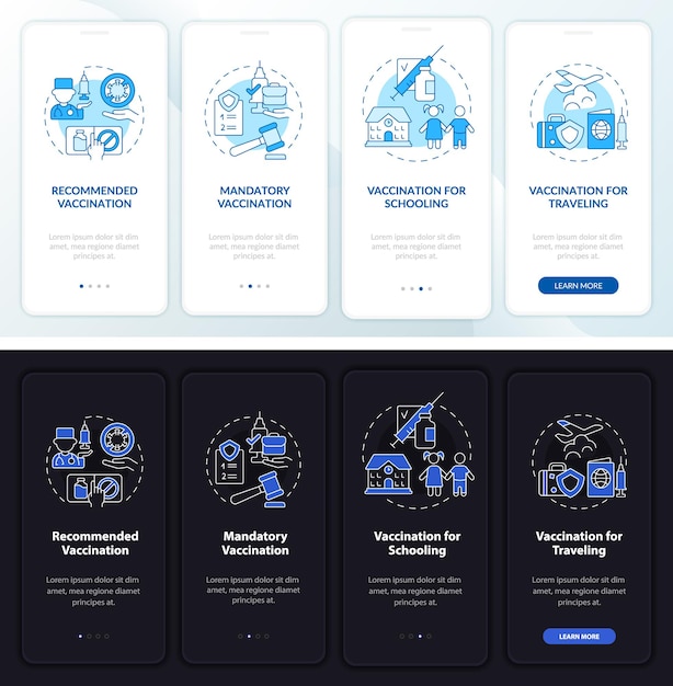 Impftypen beim onboarding der mobilen app-seitenseite. obligatorische anleitung zum impfstoff in 4 schritten, grafische anweisungen mit konzepten. ui-, ux-, gui-vektorvorlage mit linearen nacht- und tagmodus-illustrationen