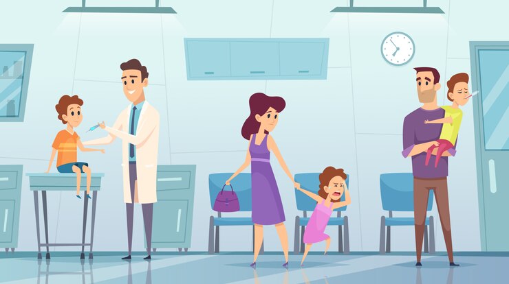 Vektor impfung in der klinik. medizinisches hintergrundbild kinderkrankenhausarzt, der sicherheitsinjektion vom influenza-gesundheitskonzept macht